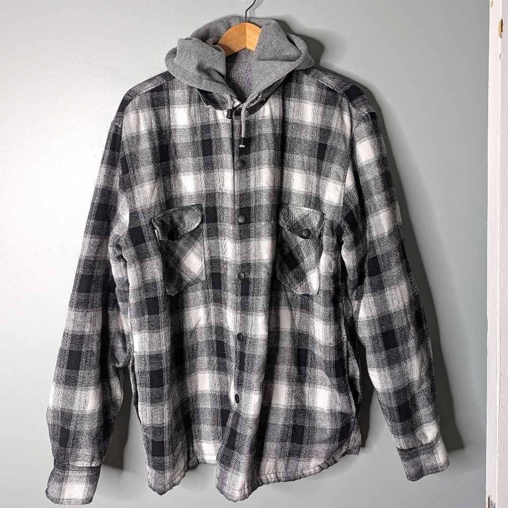 Canyon Creek Black White Plaid Flannel Snap Up Hooded Fleece Jacket Shacket M